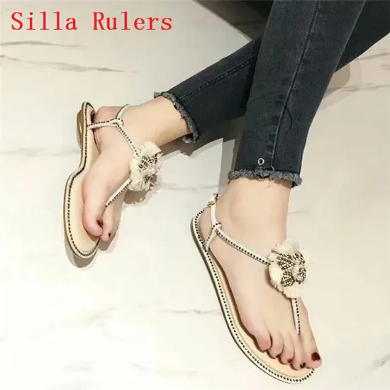 Crystal String Bead Fringe Women Sandals White Black Leather Flip Flops Flats Sandals Women Summer Shoes Woman sandalias mujer (4)