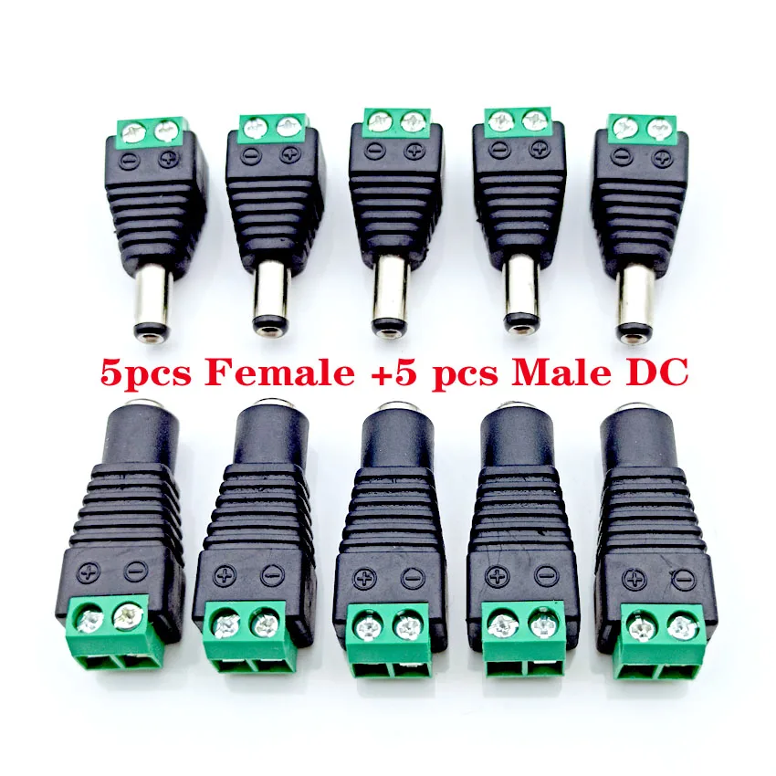 

Female Male DC Power Plug Adapter for 5050 3528 5630 2835 Single Color LED Strip and CCTV Cameras 5.5mm x 2.1mm