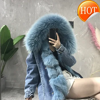 Billige Mantel Echtpelz Frauen NatĂŒrliche Kaninchen Pelz Liner WaschbĂ€ren Pelz Kragen Parka Frauen Mit Kapuze Denim Jacke Chaqueta Hombre B450 YY457