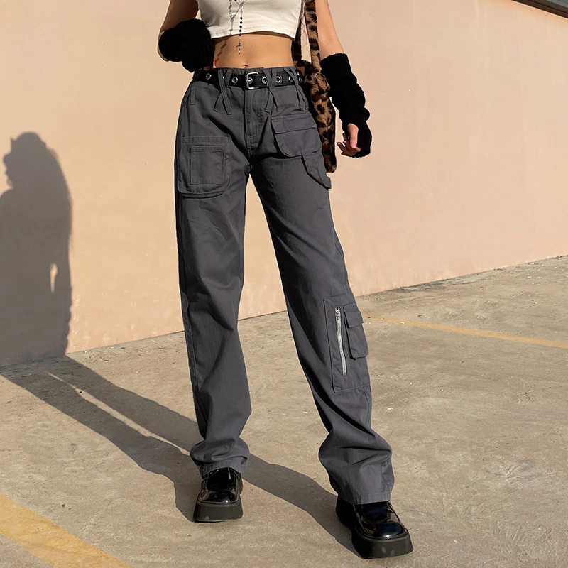 Gray Vintage Jeans Pockets High Waist Women Streetwear Y2K Baggy Straight Denim Boyfriend 90s Zipper Button Trousers Cargo Pants blue jeans