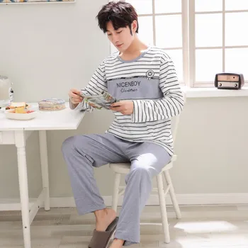 

Autumn Winter Knitted Cotton Cartoon Men's Pyjamas Striped Pajamas Set Casual Male Sleepwear Pyjama Night Pijamas 2XL Homewear