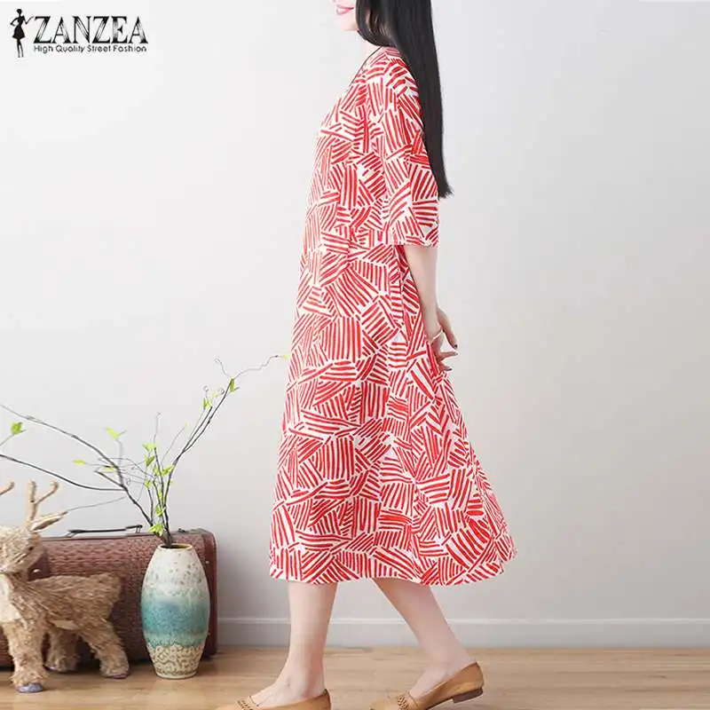 Мода женское платье повседневное с круглым вырезом длинная рубашка Vestidos ZANZEA женские богемные пляжные миди платья винтажное свободное платье-мешок