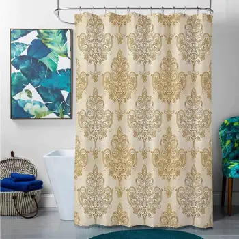 

Shower Curtains Yellow and Brown Ivory,Vintage Baroque Pattern with Curved Flower Lines Rococo Style Ornate Artwork,Cream Light
