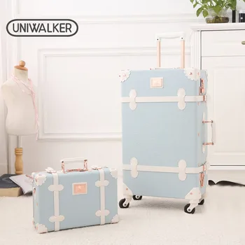

UNIWALKER Light Blue Retro Rolling Luggage with Adjustable Rod Spinner Wheels Vintage Cute Suitcase for Women Carry On