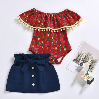

pudcoco Infant Baby Girl Pineapple Print Tassel Tops Romper+Button Bowknot Denim Skirt Clothes