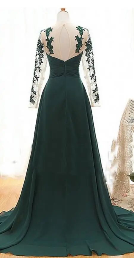 А-силуэт темно-зеленый шифон Длинные платья для матери невесты с длинными рукавами Плиссированное вечернее платье с кружевной аппликацией