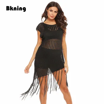 

Womens Beach Cover Up Black Crochet Dress for Women 2020 Summer Tassel Swimsuit Coverups Wrap Bikini Swim Dress Plus Size S- XL