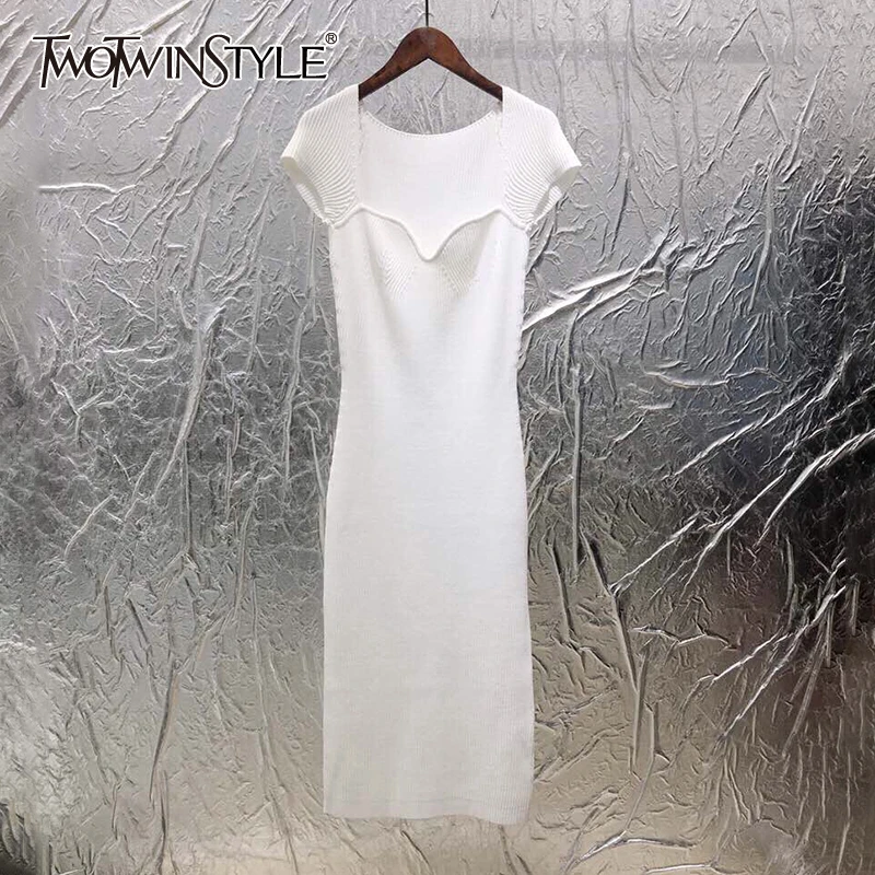 TWOTWINSTYLE Knitting Slim Female's Dress Square Collar Short Sleeve High Waist Midi Elegant Dress Women 2020 Summer New Clothes TWOTWINSTYLE Knitting Slim Female's Dress Square Collar Short Sleeve High Waist Midi Elegant Dress Women 2020 Summer New Clothes