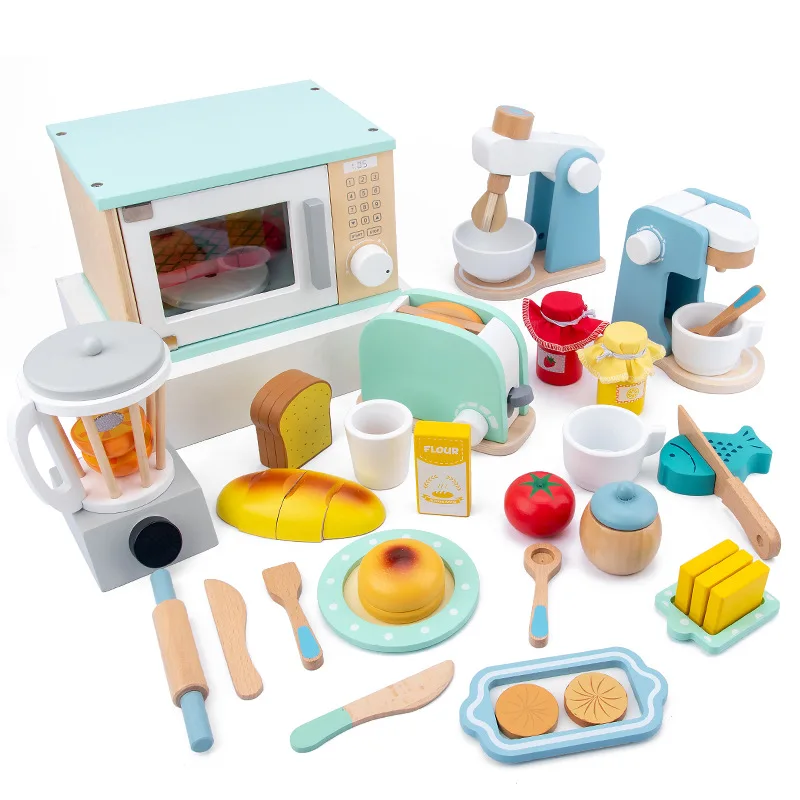 Children's Wooden Kitchen Play House Toy Set Toaster Soymilk Machine Baking Machine Simulation Kit Game Mixer Role Toy