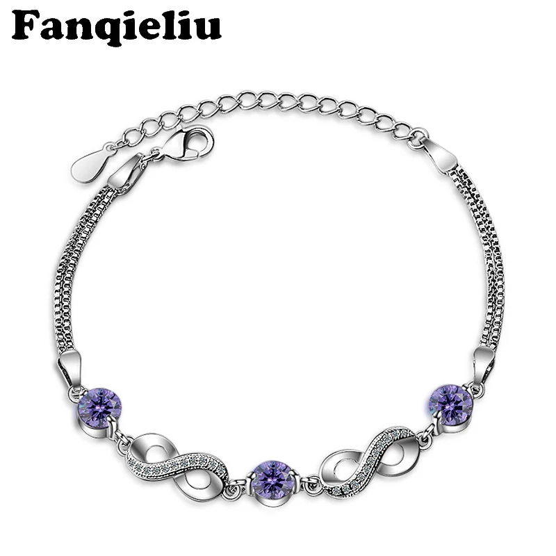 

Fanqieliu 8 Purple Crystal Charm Bracelets 925 Sterling Silver Chain Link Bracelet For Women Lobster Clasp Bracelets FQL20170