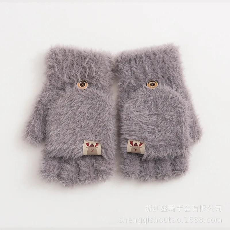 Sheng qi Winter New Style Knitted Flip Korean-style Women's Fingerless plus Velvet Warm Students Half-finger Gloves Manufacturer