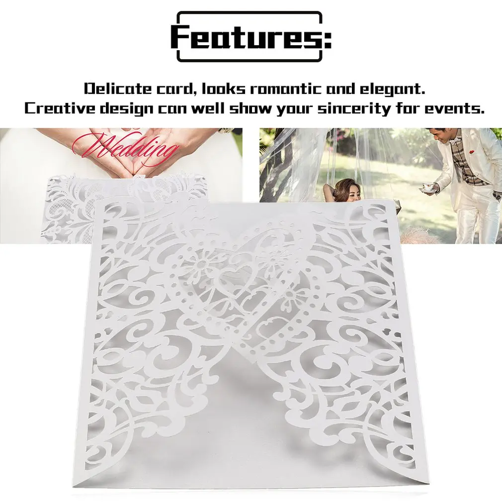  10Pcs Heart Wedding Invitation Cards Laser Cut Hollow Out Envelopes Seals Invitation Covers Wedding - 4.00047E+12