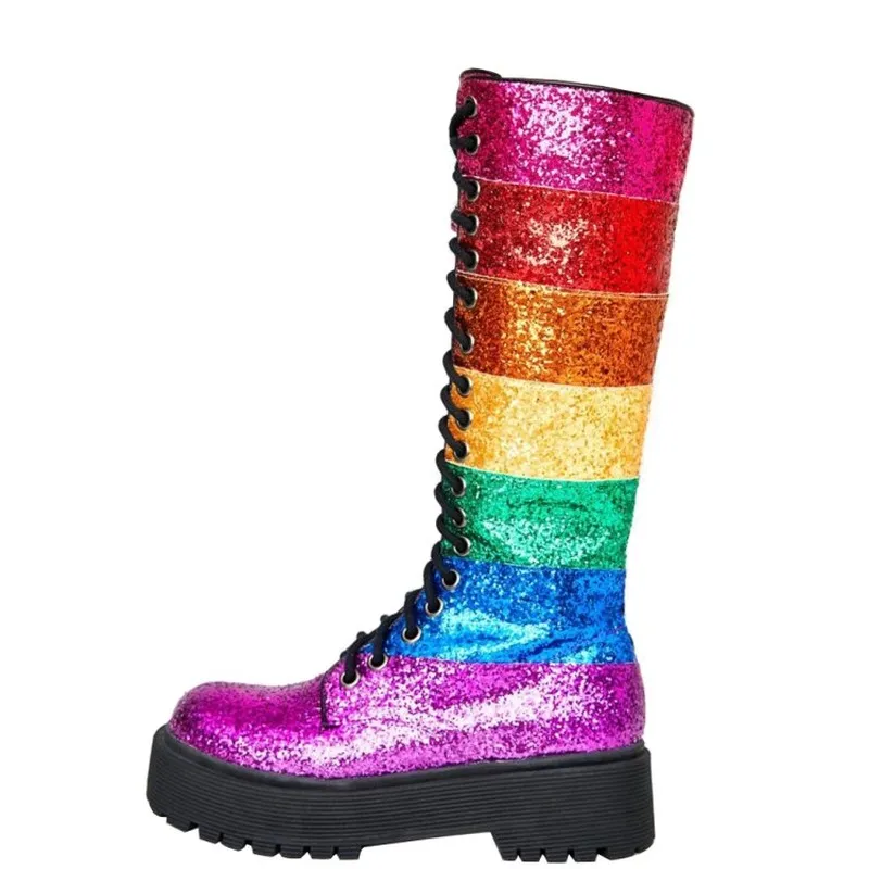 

Womens Rainbow Colors Sequins Bling Shiny Mid Calf Boots Lace Up Size Zip Platform Chunky Heel Shoes Punk Cosplay Plus Size