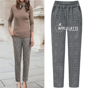 

Women Classic Plaid Ankle Length Pants Fall Winter Loose Straight Plus Size Slacks Casual Elastic Waist Pant Offic Lady Trousers