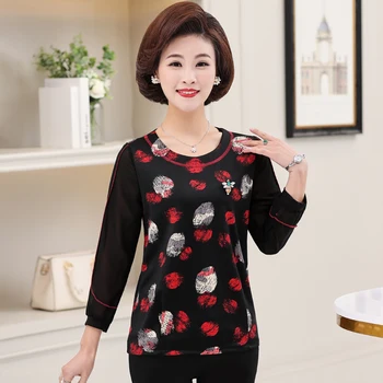 

Chiffon Long Sleeves T-Shirts Women O-Neck Print Bottom Shirt 2020 Spring Fall New Large Size Middle Age Mother Tops Tee Shirt