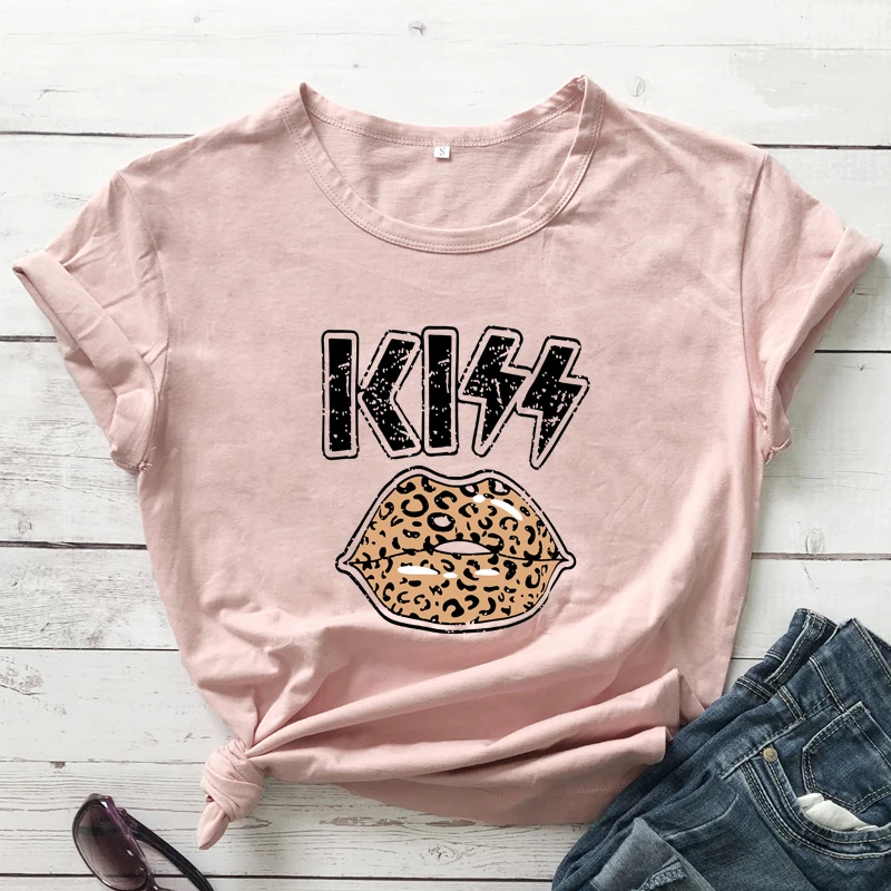 Kiss Leopard Lips Colored T-shirt Stylish Rock And Roll Graphic
