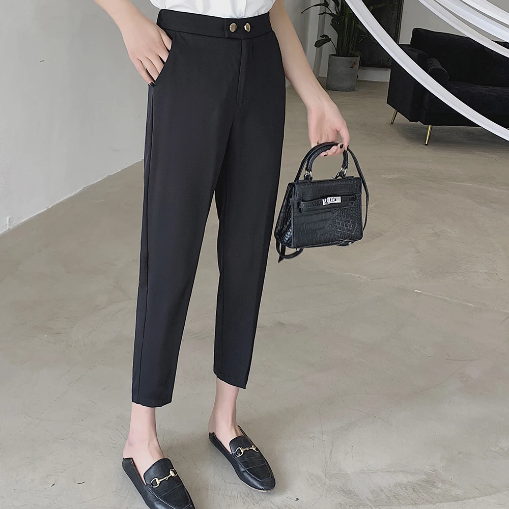 Женские шаровары осенние однотонные бежевые черные с высокой эластичной талией формальные офисные брюки эластичные свободные женские брюки