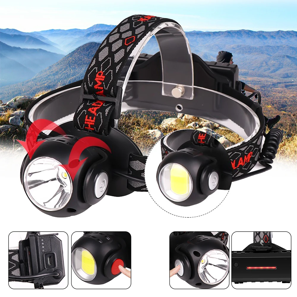 

Rechargeable Headlamp T6 COB LED Headlight Waterproof Head Lamp Torch Flashlight Head lamp use 2*18650 battery