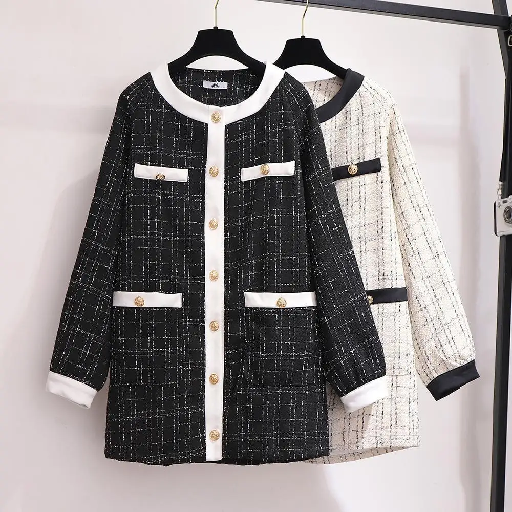 

5XL 6XL Women Autumn Large size Jackets Coat 2019 Plaid Single-Breated Office Lady Jacket 4XL Plus size Elegant Pocket Long Coat