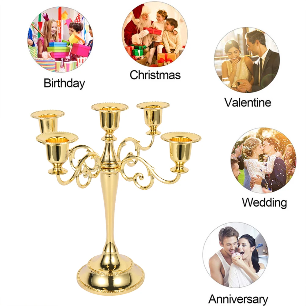 

5-Arm Metal Pillar Candle Holder Gold Candlesticks Romantic Dinner Candle Holders Table Decor Wedding Home Decoration Candelabra