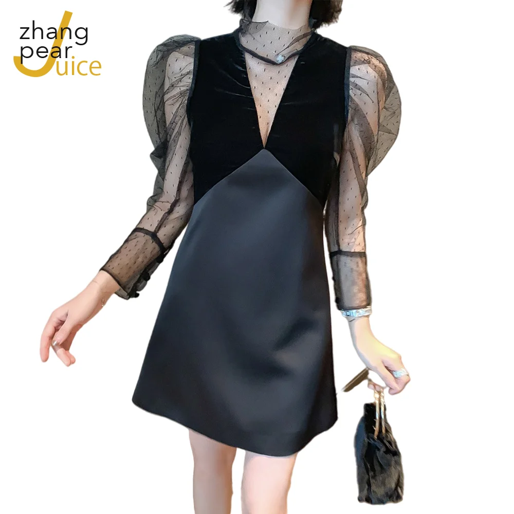

Female Mini Elegant Black Dress Women Mesh Sleeve Stand Neck Patchwork Dress Fashion A Line Evening Party Sexy Dress
