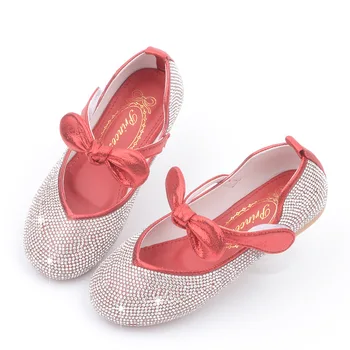 

New Sweet Bow Princess Shoes Performance Rhinestone Sequins Soft Comfortable Kids Flats Wedding Party Dress Girl's Single Shoes