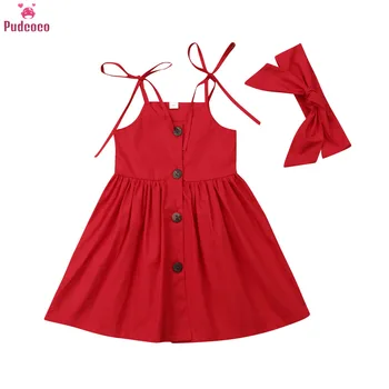 

Red Yellow Summer Dress Children Toddler Clothing Baby Girls Princess Straps Dress+Headband Party Pageant Sleeveless Sundress