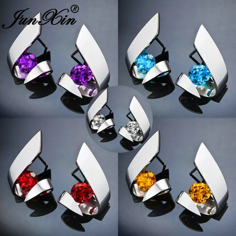 Irregular Purple Blue White Yellow Crystal Geometric Stud Earrings For Women 925 Silver Color Round Zircon Stone Earring Jewelry