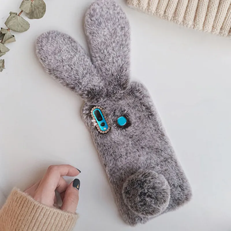 Fluffy Rabbit Fur Silicone Cover Bunny Plush Phone case For huawei P Smart Z Y6 Prime 2018 Y7 Y9 2019 honor 8X 10 lite 20 Pro | Мобильные