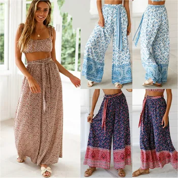 

Women's Ladies Fashion High Waisted Wide Leg Harem Trousers Palazzo Loose Beach Pants With Sashes