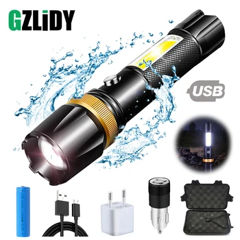 

Super bright Waterproof LED Flashlight With COB side light Rotary zoom 3 lighting modes Powered by 18650 battery for camping