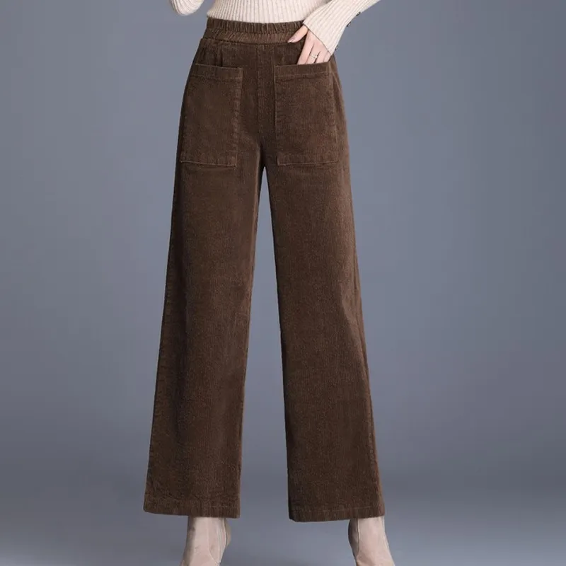 S-4XL плюс размер вельветовые брюки для женщин однотонные свободные женские брюки новые осенние брюки женские широкие брюки с высокой талией - Цвет: Коричневый