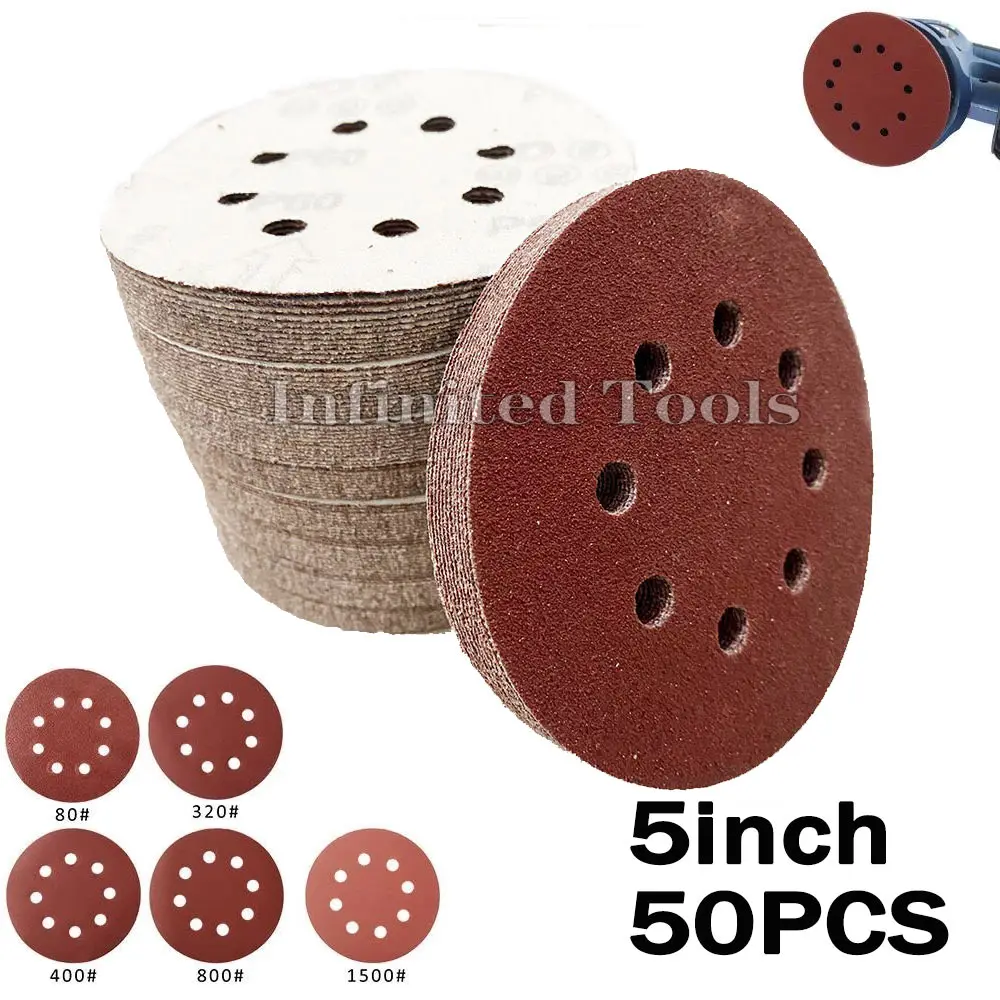 50pcs 5inch 125mm Round Sandpaper Eight Hole Sanding Disk Set 801500