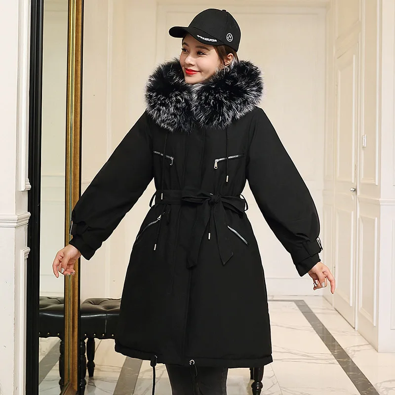 Зимние женские парки X-long Plus sizeM-3XL, пальто, утолщенные супер теплые женские куртки с большим меховым воротником, повседневная верхняя одежда, парки, пальто - Цвет: Черный