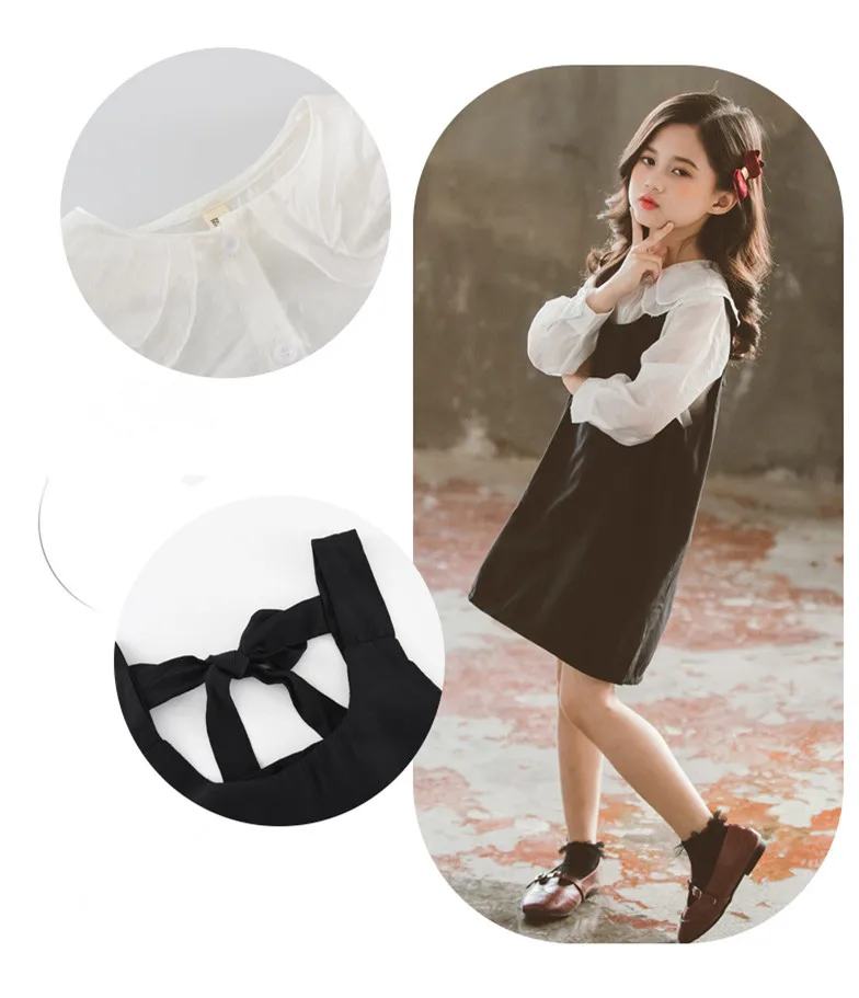DFXD/комплекты одежды для подростков Весенняя белая рубашка с воротником в стиле Питера Пэна в Корейском стиле для девочек черное платье на бретелях модная одежда высокого качества От 3 до 12 лет
