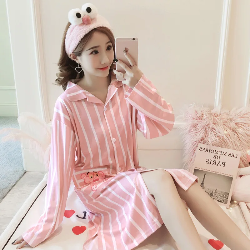 

2019 New Cartoon Printed Striped Cartoon Nightgown Sleepwear Womens Autumn Pyjamas Big Size Nightdress Nightwear Summer Homewear