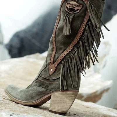 Litthing Boho/Женские Стильные теплые меховые ботинки на среднем каблуке в этническом стиле замшевые ботинки на низком каблуке зимняя вышитый ботинок с длинной бахромой