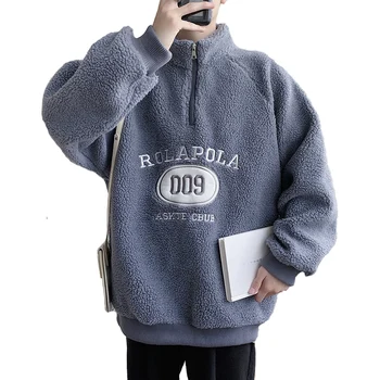 

2020 Winter warmer Hoodies men Letter print casual cotton lamb thicken men Sweatshirts gray pullover Loose stand collar coats