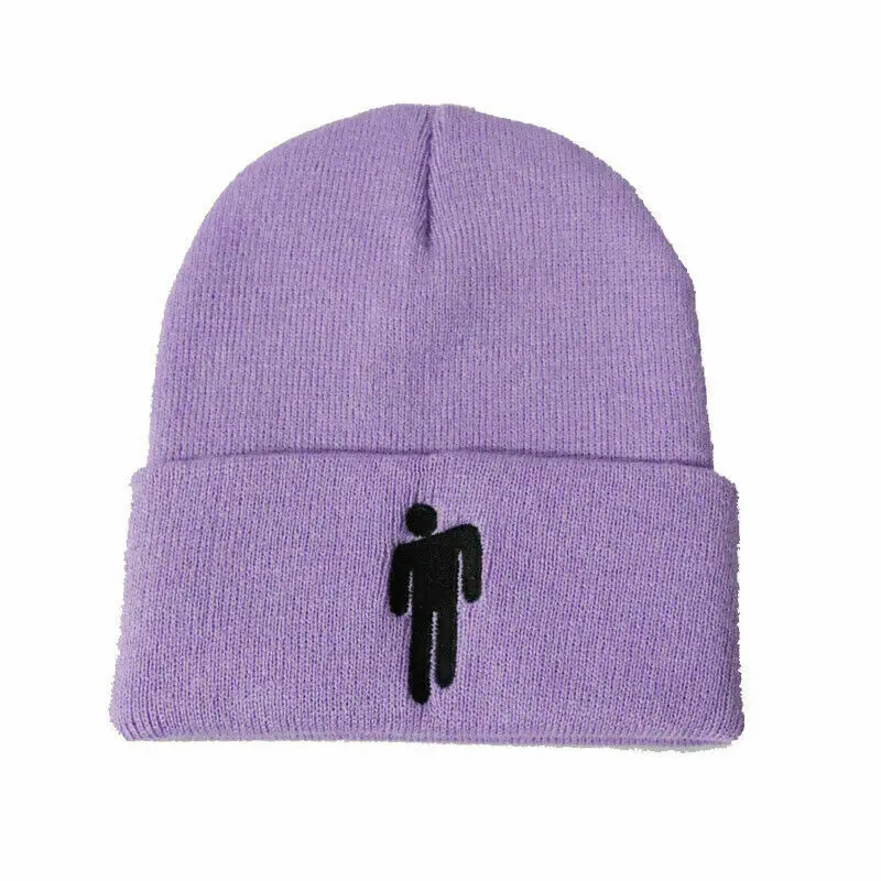Зимняя вязаная шапка бини с вышивкой Billie Eilish, вязаная шапка для женщин, мальчиков и девочек в стиле хип-хоп, Повседневные шапки с манжетами, шапка унисекс - Цвет: ZY00860PU