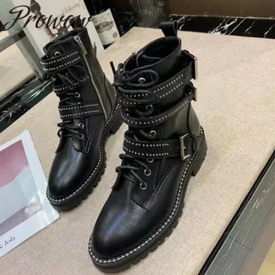 

Prowow New Genuine Leather Metal Studded Ankle Boots Round Toe Thick Heel Low Heel Cool Boots Sheos Women
