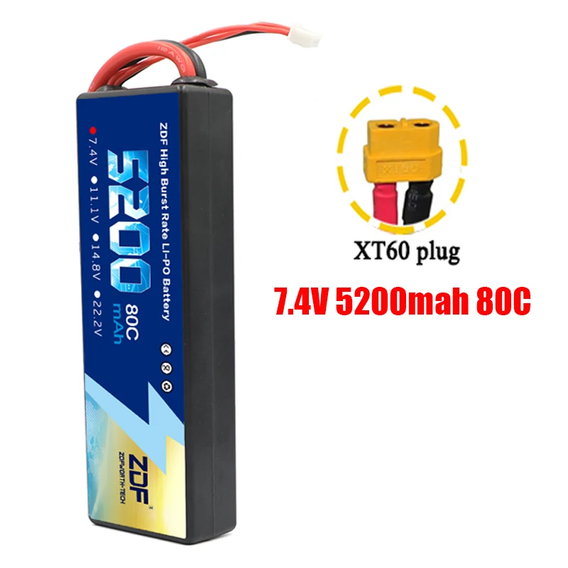 ZDF Lipo Аккумулятор 7,4 V 11,1 V 14,8 V 5200mah 6200mah Hardcase 2S 3S 4S 80C 160C 1/10 1/8 весы для Traxxas Slash 4x4 RC автомобилей лодки - Color: 2S5200mah XT60 plug