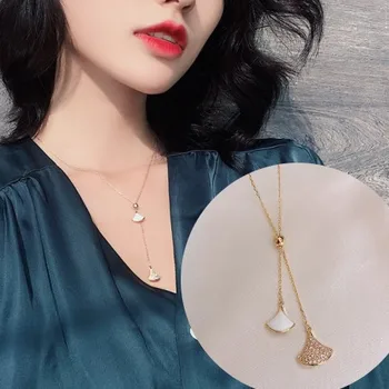 

C105 South Korea Simple Ginkgo Necklace High Grade Sense Light Luxury Fan-shaped Full of Crystals Non-mainstream Debutante-Style