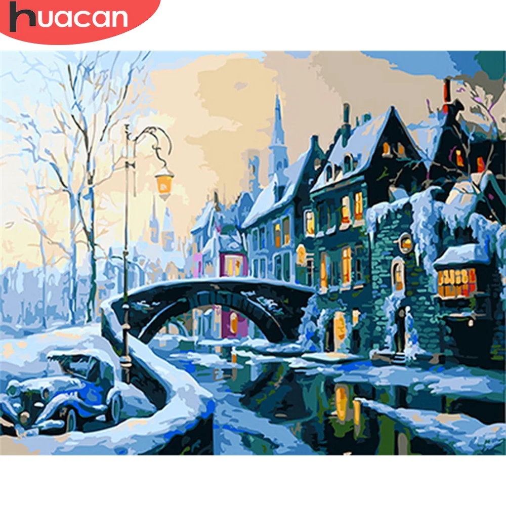 

HUACAN DIY Oil Painting By Numbers Winter Landscape Kits Drawing Canvas HandPainted Pictures By Numbers Snow Scenery Home Decor
