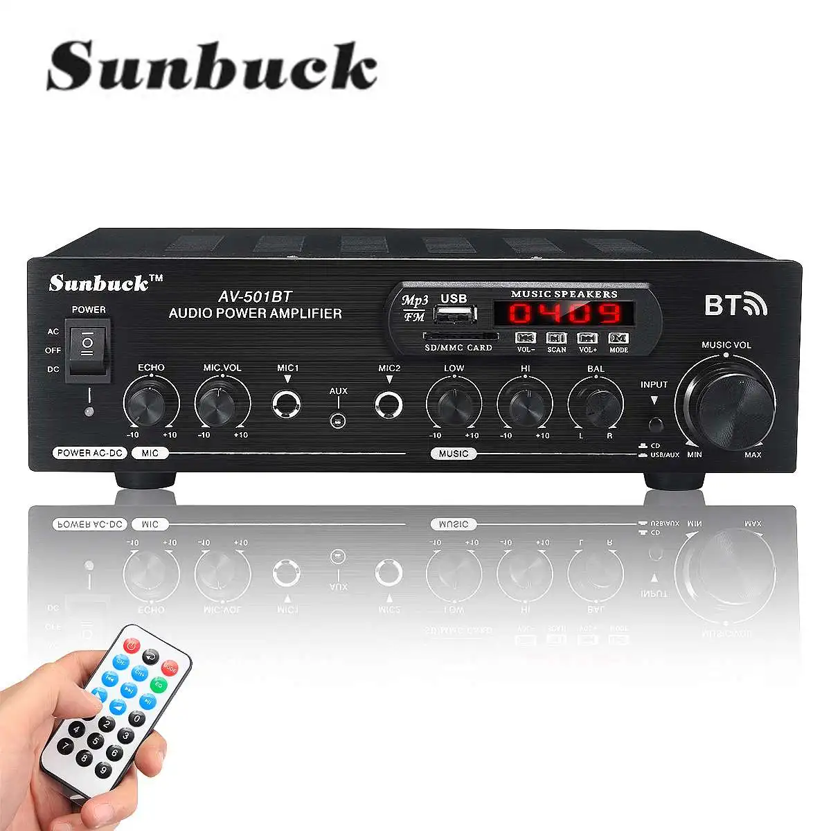 

SUNBUCK 2500W 110/220V bluetooth Dual Channel Karaoke Mic Input Digital Reverb Home Stereo Amplifier Support USB SD FM AUX Input