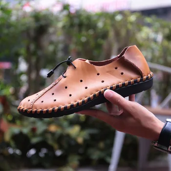 

Holes Lace-up Split Leather Lightweight Summer Sandals Breathable Comfort Moccasins Casual Men's shoes Flat Footwear Brown Black