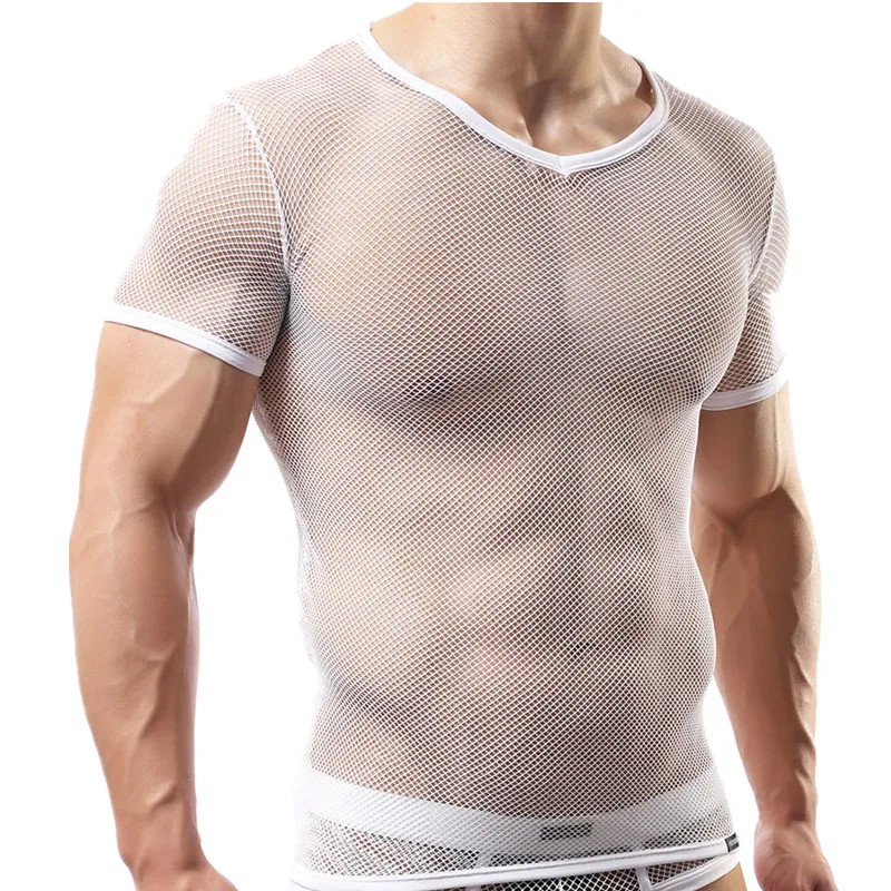 Сексуальная мужская одежда, мужское нижнее белье, сетчатые фитнес-футболки, прозрачные футболки с коротким рукавом, Прозрачные топы, Мужская одежда, Майки