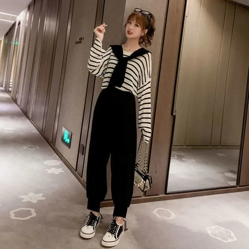 

Women's Two-piece Autumn New Suit 2020 Loose Korean Style Autumn Fashion Western Style Striped Long-sleeved Shawl Two-piece Suit