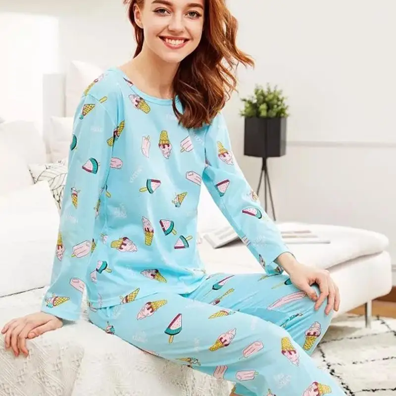 Женский пижамный комплект, весна-осень, с принтом, длинный рукав, милая одежда для сна, Повседневная Домашняя одежда, женская пижама