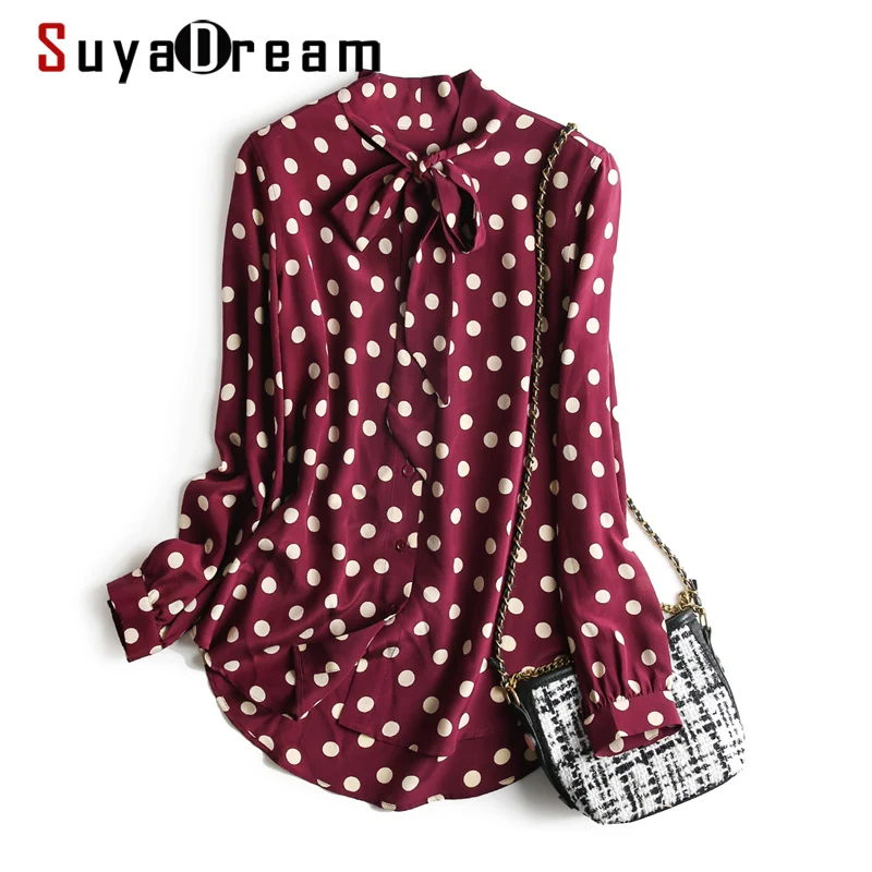 

SuyaDream Silk Print Blouses Woman 100% REAL Polka Dot Long Sleeve Bow Collar Blouse Shirt 2020 Spring Autumn Shirt