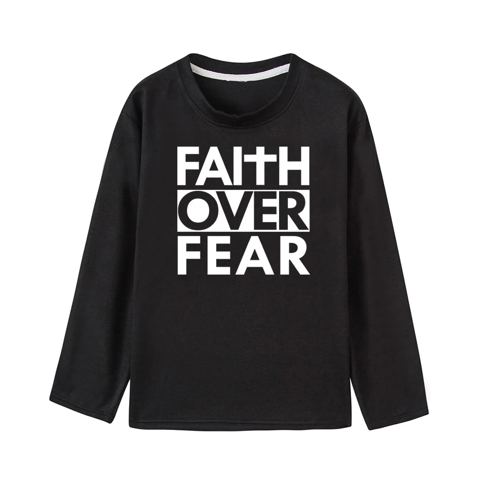 Faith Over Fear Одежда для детей с длинными рукавами Забавная детская одежда для маленьких мальчиков и девочек, футболка, Топы, модная одежда для малышей с буквенным принтом, изображением из мультфильма, футболки для детей, одежда
